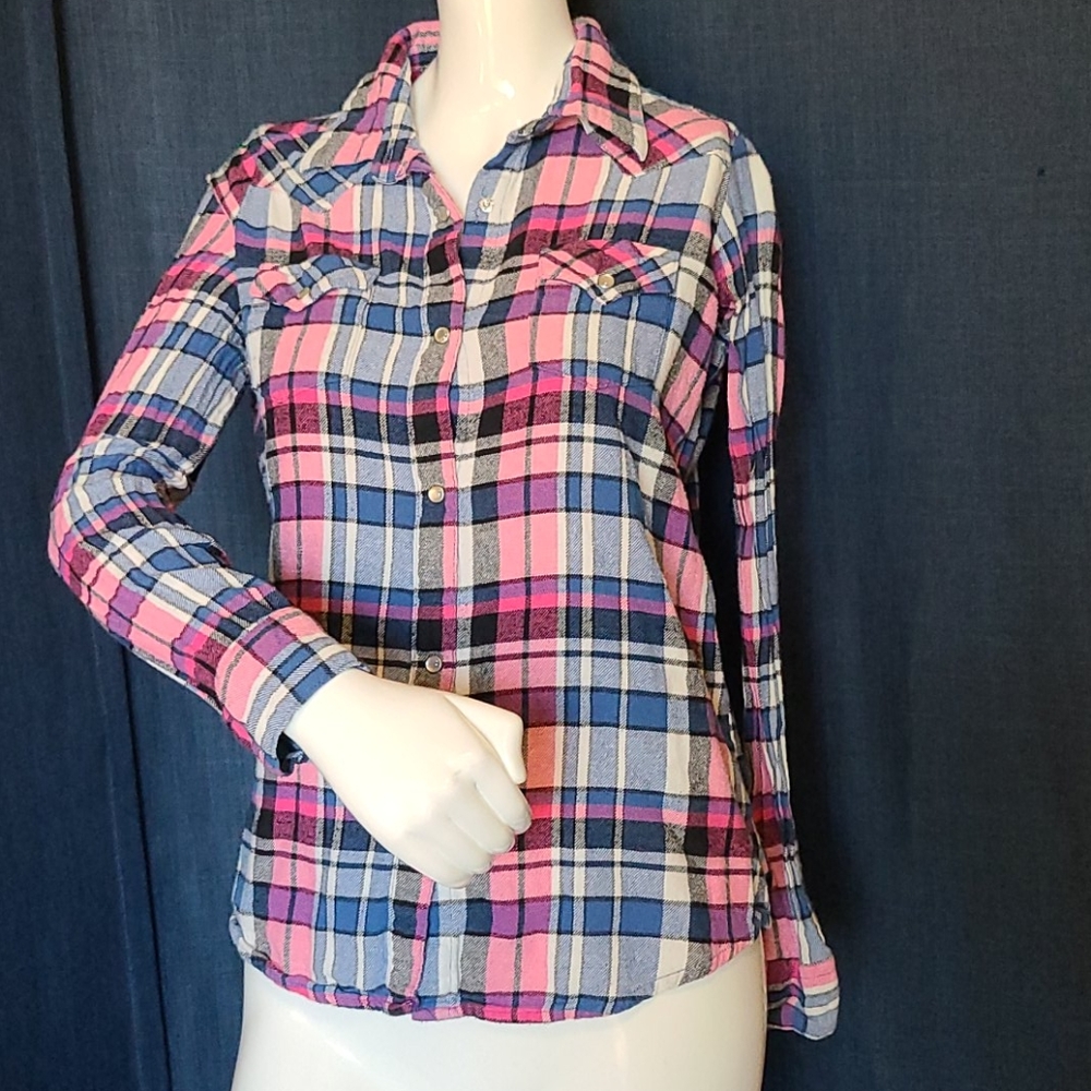 Wrangler Wrancher Pearl Snap Plaid Flannel Shirt S